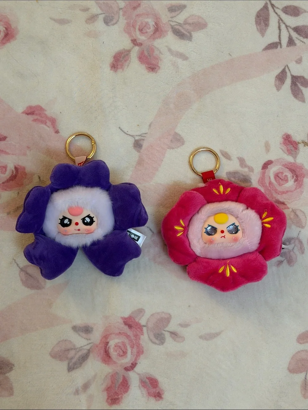 Plush Flower Keychain Charm - Purple and Pink Plush Pet Faces